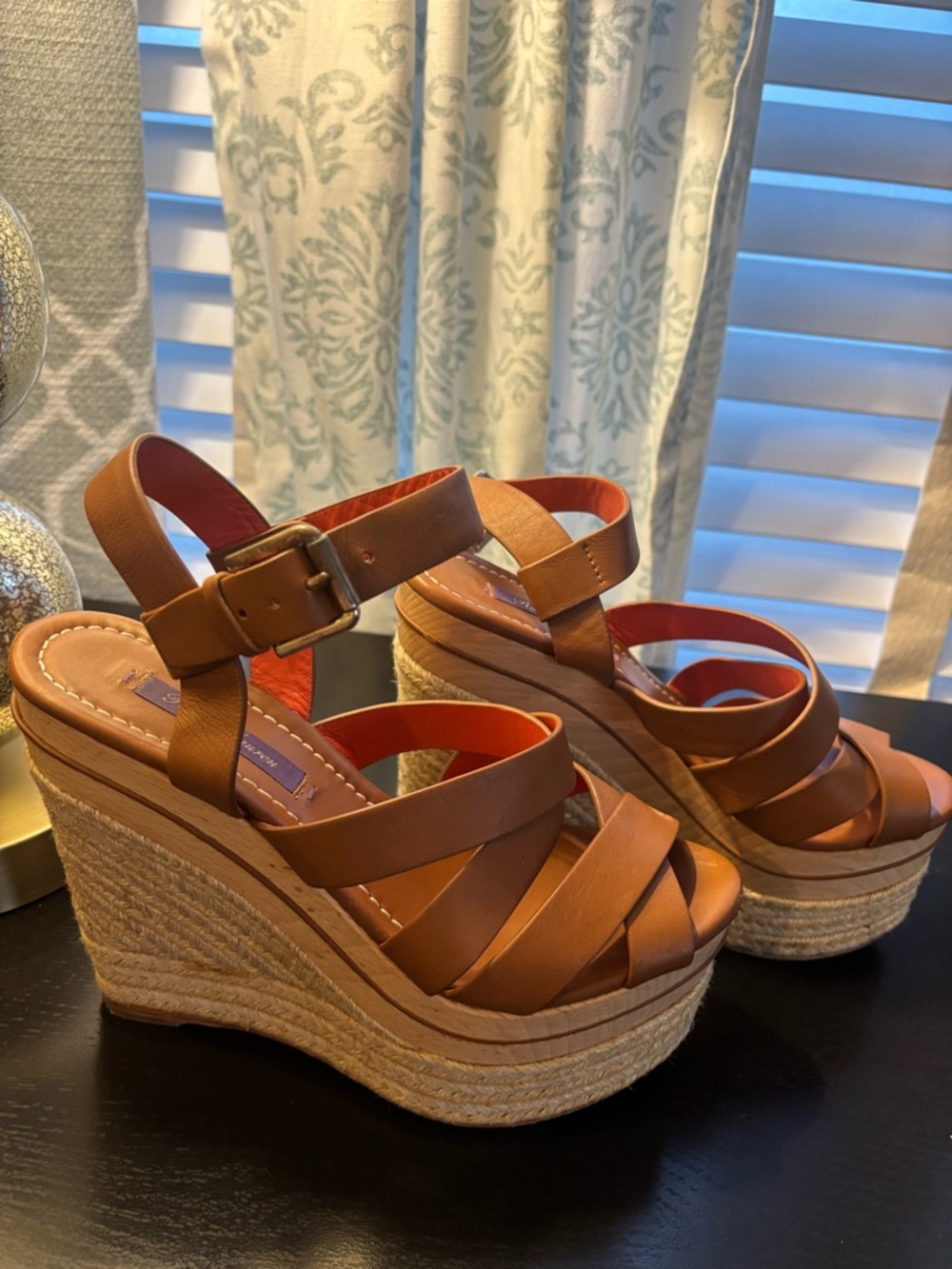 Ralph Lauren Brown Leather Espadrille Wedge Sandals